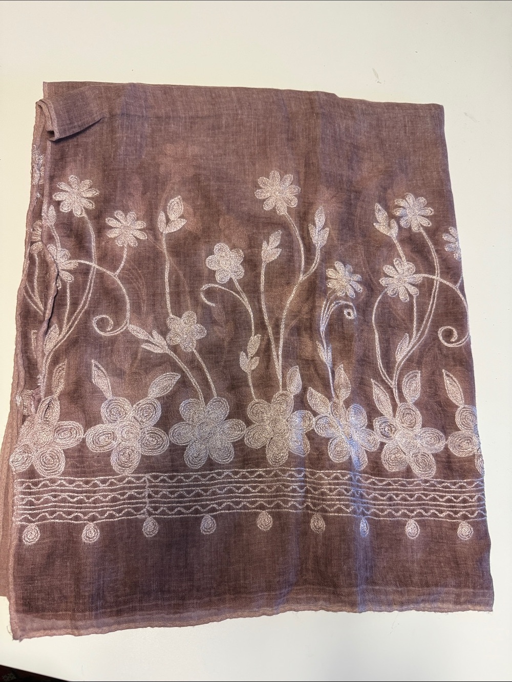 Women scarf Embroidered Floral Linen in Mauve